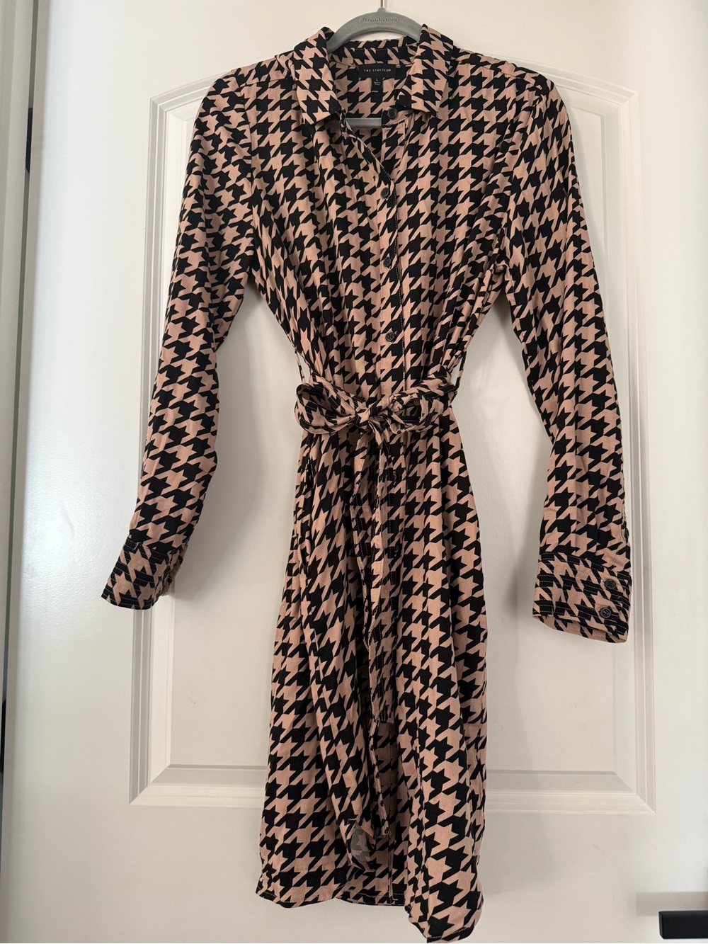 The Limited Houndstooth Belted Shirt Dress Black Tan Long Sleeve Size L